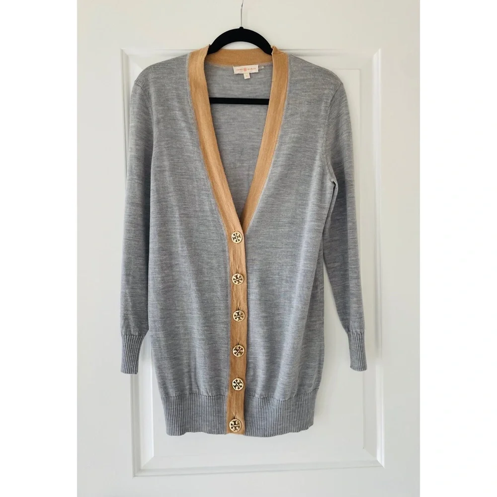 Tory Burch Gray Cardigan with Camel Trim